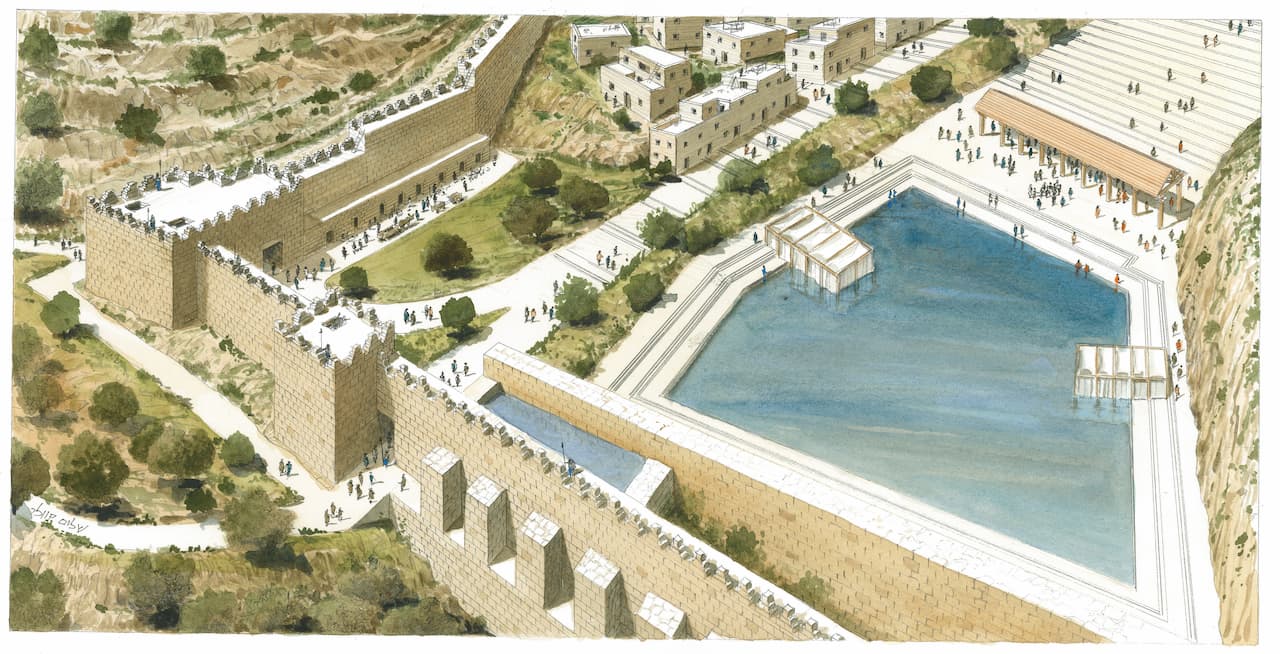 Reconstruction of the Shiloach Pool from the Second Temple Period, according to Dr. Eyal Meiron. Illustration: Shalom Kweller. Courtesy of the City of David Archives